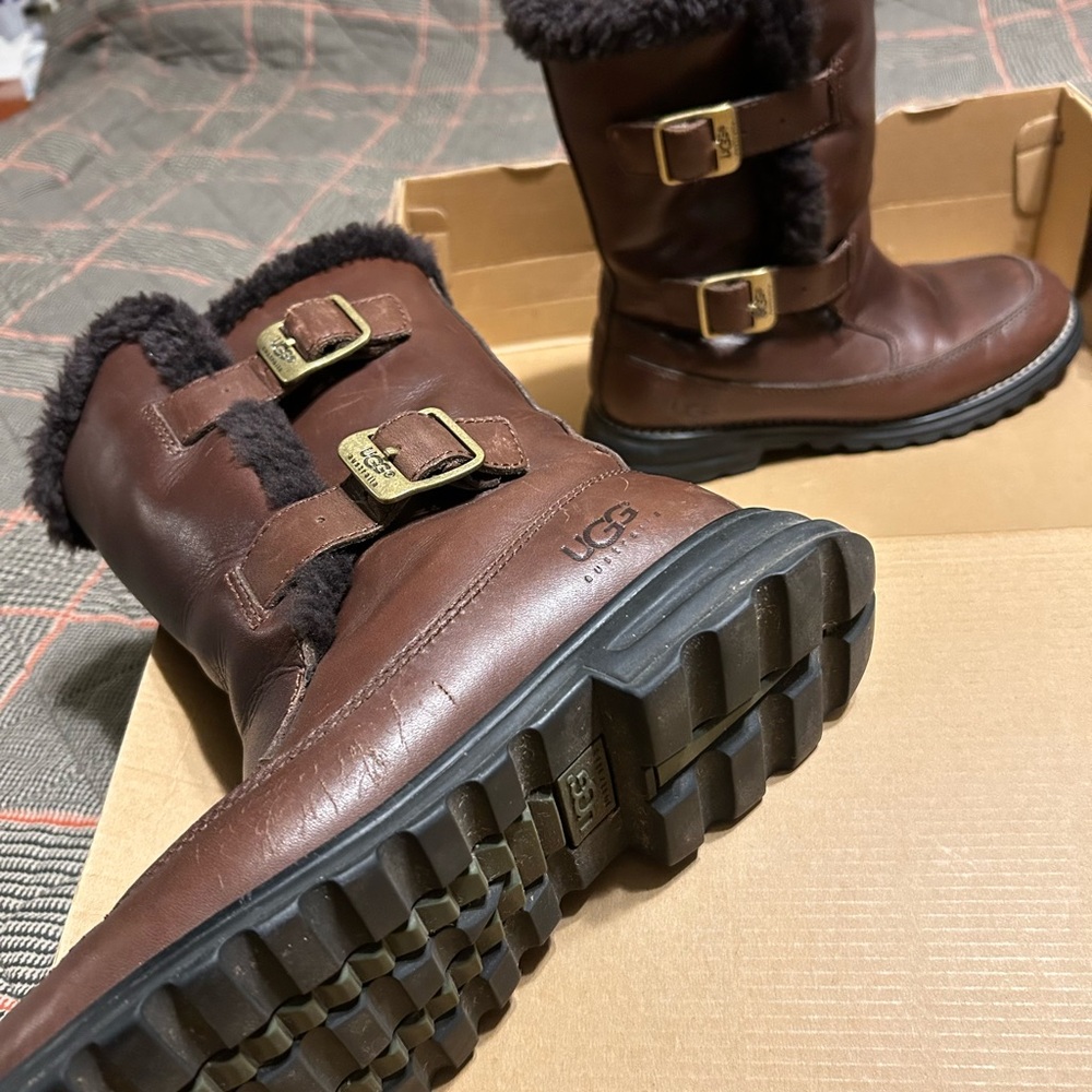 UGG Chestnut Leather Boots with Buckle Accents